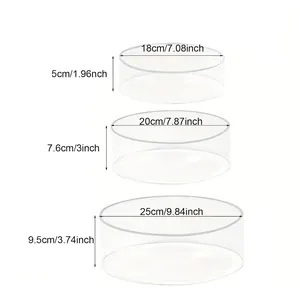 Set of 3 round acrylic display risers with detailed size specifications in white background