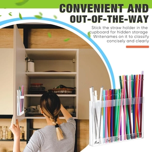 Detailed view of acrylic straw organizer with labeled compartments for cabinet storage