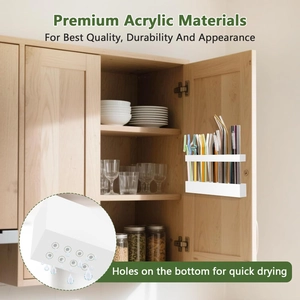 Detail view of white acrylic straw holder with drainage holes mounted inside a cabinet door