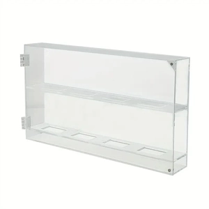 Clear acrylic hockey display case with two-tier shelves and magnetic side-opening door
