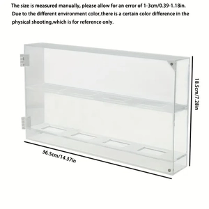 Clear acrylic hockey display case with dimensions 36.5x18.5cm showing side hinges