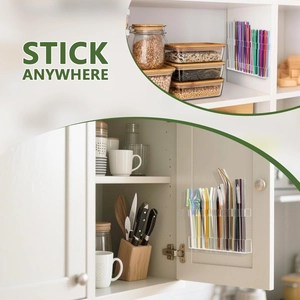 Detailed view of clear acrylic straw holder mounted on cabinet doors to save kitchen space