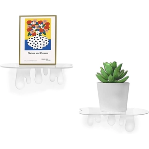 Set of 2 white acrylic floating shelves with unique melting drip design for wall decor