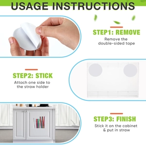 Three-step installation guide for acrylic straw holder with double-sided adhesive dots