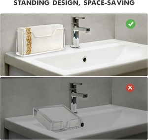 Vertical acrylic towel holder showing space-saving standing design for countertops