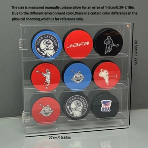 Wall-mounted acrylic ice hockey display case with 3 tiers for nine hockey pucks