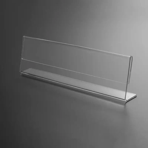 Clear acrylic L-shaped desktop sign holder with professional transparent finish