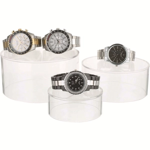 Three clear acrylic cylinder risers for jewelry and cosmetic display in tiered heights