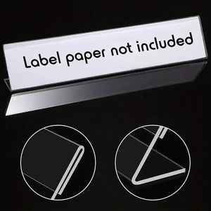 L-shaped clear acrylic desk sign holder and card display stand on black background