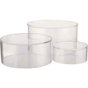 Three-piece set of clear acrylic cylinder display risers for cakes or collectibles
