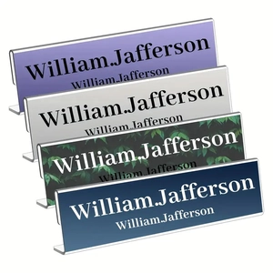 L-shaped acrylic desk name plate holders in four distinct colors with custom printing