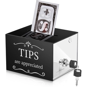 Black and clear acrylic tip box with secure lock and Tips are Appreciated text
