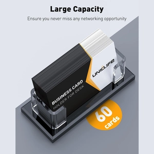 Clear acrylic business card holder with black base and large 60 card storage capacity