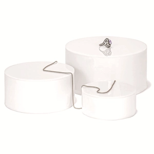 Set of three white acrylic cylindrical display risers for jewelry and cosmetics presentation