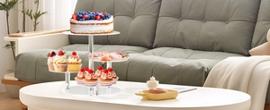 Three-tier clear acrylic dessert stand with round tiers for cupcakes and parties