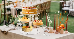 Detail of 4-tier acrylic cupcake stand with assorted desserts for outdoor party events