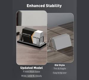 Comparison showing updated business card holder with 9mm thick base for enhanced stability