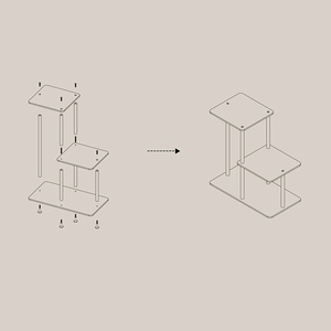 Assembly diagram of the 3-tier clear acrylic desktop shelf with all components shown