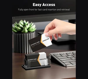 Modern acrylic business card holder with fully open front design for easy access