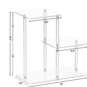 3-tier clear acrylic desk organizer shelf with detailed dimension markings for storage