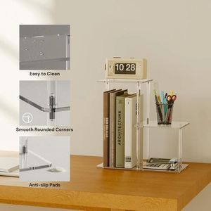 Close-up of 3-tier clear acrylic desk shelf featuring rounded corners and anti-slip pads