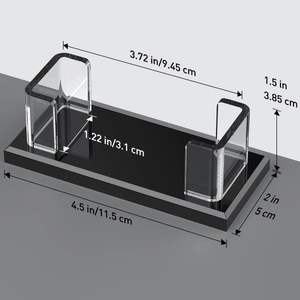 Clear acrylic business card holder with dimensions of 11.5cm length and 5cm width base
