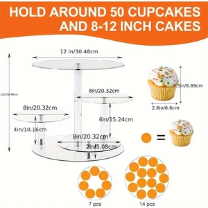 4-tier acrylic cupcake stand with round trays and dimensional diagrams for party displays