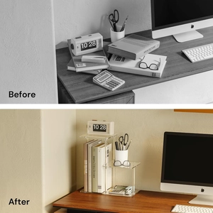 3-tier clear acrylic desk organizer shelf for books and stationery in modern office space