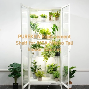 Clear acrylic shelves for Milsbo Tall glass cabinet showing plants on layered display