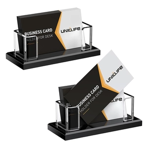 Clear acrylic business card holder with high-capacity black base for desk storage