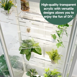 Tiered transparent acrylic greenhouse plant shelving unit with integrated LED grow lights