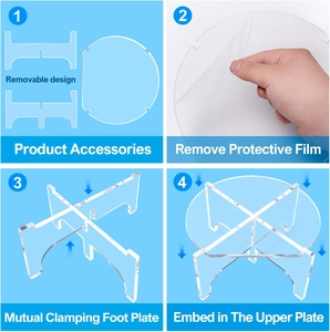 Three-piece clear acrylic display stand assembly guide with round top and X-shaped base