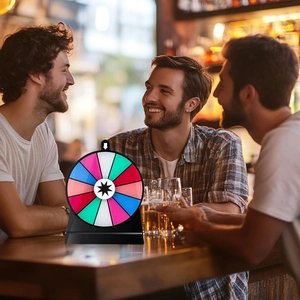 Action shot of 6-inch colorful acrylic prize wheel used in a lively party social scene