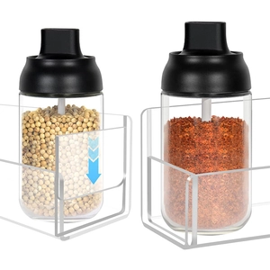 Detail view of 9-inch clear acrylic spice rack with two storage jars on a white background