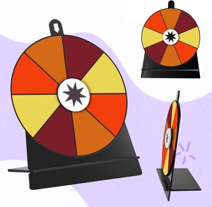 Three-view layout of a 6-inch acrylic prize wheel with colorful segments and stable L-bracket