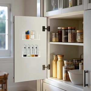 Detailed side view of clear acrylic wall-mounted spice racks inside a kitchen cabinet