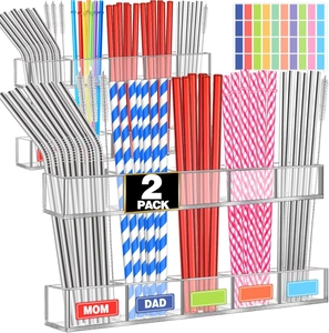 Acrylic Straw Holder Wall Mounted Height Adjustable Cutlery Storage Box For Kitchen Cabinet With Decorative Stickers Set