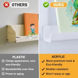 Durable acrylic magnetic bookshelf vs plastic comparison showing impact resistance and clarity