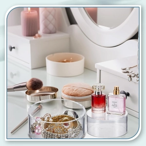 Set of 6 clear acrylic round display stands for jewelry, watches, and perfumes on vanity