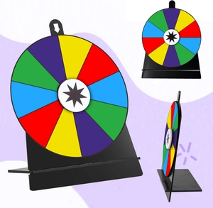 Macro detail of a 6-inch acrylic prize wheel showing a multi-colored spinning disk and L-shaped stand