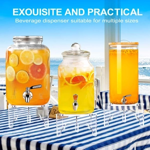 Clear acrylic beverage dispenser stand in U-shape design on seaside outdoor table