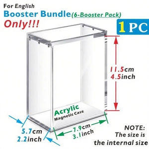 Clear acrylic magnetic booster box protector for Pokemon cards with detailed dimensions