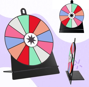 Detailed views of a 6-inch colorful acrylic prize wheel with a stable black stand
