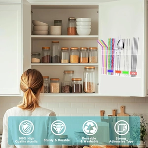 Adjustable clear acrylic straw holder and utensil organizer mounted on kitchen cabinet door