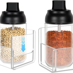 9-inch clear acrylic bathroom and kitchen spice rack with glass jars and adhesive mount