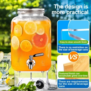 Detailed view of the glass beverage dispenser with vertical texture and chrome faucet