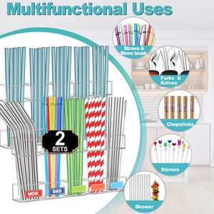 Detail view of 2-set acrylic wall-mounted straw holders with multi-layer storage compartments