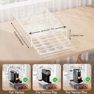 Acrylic 40-pod coffee capsule drawer for Nespresso Vertuo with dimensions display