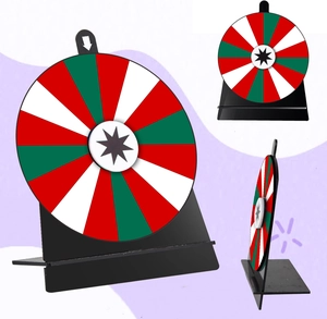 Detail view of the 6-inch acrylic prize wheel with red and green sectors and L-shaped stand