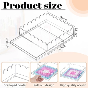 Transparent wavy acrylic tray 9x9x2.5 inches with scalloped edges and pull-out drawer